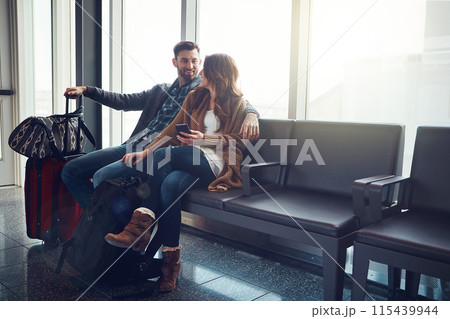 Luggage, travel and couple in airport, vacation and adventure with getaway trip, explore and summer. People, man and woman with journey, waiting and international for holiday, love and happiness 115439944