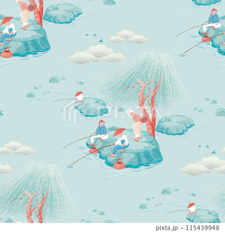 Seamless pattern Vector illustration of people fishing under a willow tree by a cool stream on a hot summer day, depicting traditional Korea 115439948