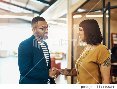 Handshake, meeting and business people in office for teamwork, collaboration and partnership. Creative startup, professional and man and woman shaking hands for agreement, b2b deal and thank you 115440084