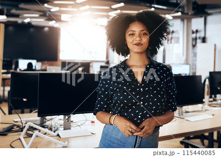 Portrait, creative and business woman in office for career and job in startup company. Face, entrepreneur and confident professional employee, worker or expert web designer at workplace in Brazil 115440085