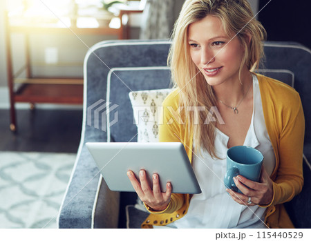 Happy woman, tablet and coffee break in thinking, relax or reading as interior designer for architecture firm. Female person, tech and apartment for calm, stress management or peace as consultant Happy woman, tablet and coffee break in thinking, relax or reading as interior designer for architecture firm. Female person, tech and apartment for calm, stress management or peace as consultant 115440529