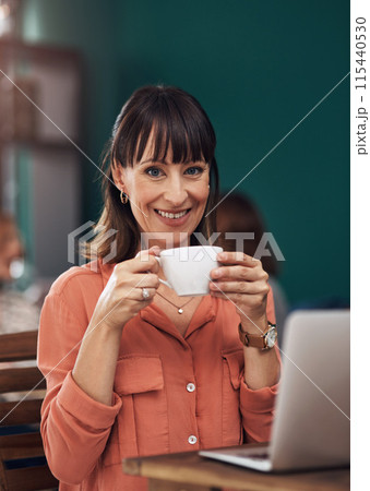 Portrait, smile and woman with coffee in cafe for research, career and laptop in city. Technology, freelancer and happy in restaurant with latte or tea, email and remote work with pride in New York Portrait, smile and woman with coffee in cafe for research, career and laptop in city. Technology, freelancer and happy in restaurant with latte or tea, email and remote work with pride in New York 115440530