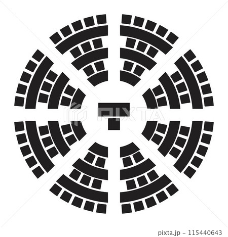 Auditorium seatings plan top view, round or amphitheater arrangment. Schema of seats in lectorium or meeting, conference or parliament. Desks and chairs icons. Vector graphic illustration Auditorium seatings plan top view, round or amphitheater arrangment. Schema of seats in lectorium or meeting, conference or parliament. Desks and chairs icons. Vector graphic illustration 115440643