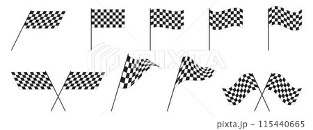 Set of race flags with chequered black and white print. Start or finish symbols on sport car competitions. Rally or motocross props. Victory, trophy or success signs. Vector graphic illustration 115440665