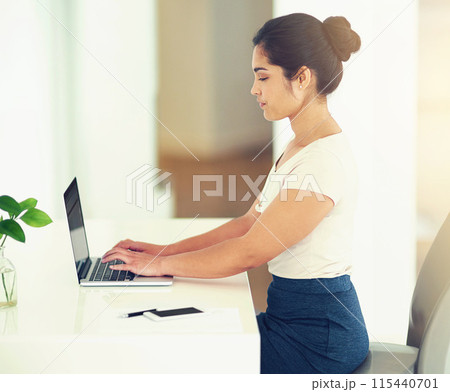 Woman, laptop and research in office for proposal, planning and employee at desk for report. Female person, profile and professional for project management, online and website for human resources 115440701