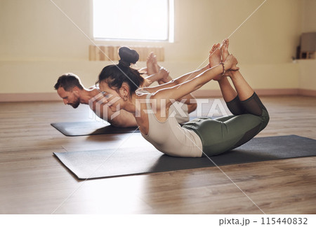 People, fitness and stretch for bow in yoga class, wellness and calm exercise for workout or health club or balance. Pilates, holistic and mindfulness body healing, zen and meditation on floor 115440832