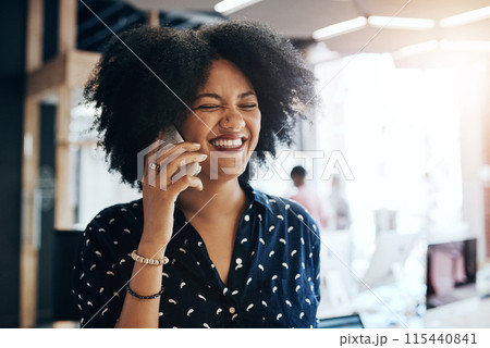 Black woman, laughing and business with phone call for funny joke, discussion or proposal at office. Young African, female person or employee with smile for friendly conversation on mobile smartphone 115440841