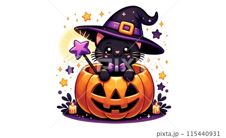魔女の帽子を被った黒猫のハロウィン用イラストのイラスト素材