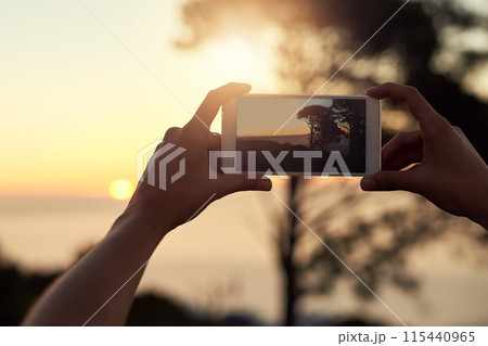 Person, hands and mobile for picture in nature at sunset, vacation with memory of horizon. Phone photographer, ui screen and summer scene with tree at dusk, beach holiday with creativity in Mauritius 115440965