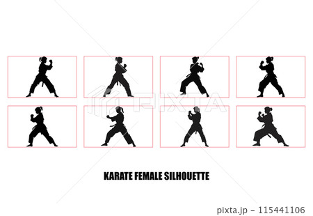 Martial art female karate silhouettes set, Black silhouette illustration of female karate 115441106