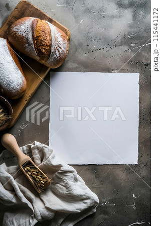 White sheet of paper on the table with pastries. Cooking mockup 115441172