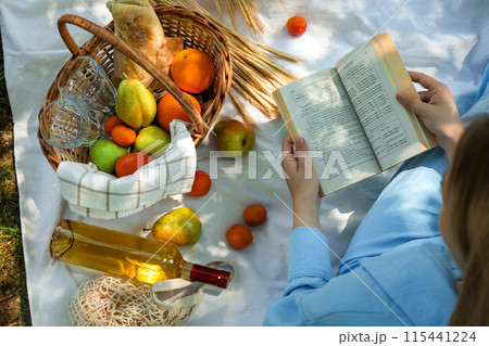 A girl on a picnic reads a book 115441224