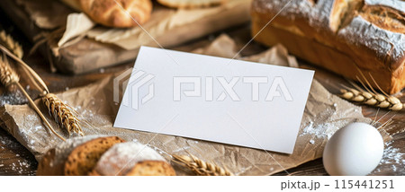 White sheet of paper on the table with pastries. Cooking mockup 115441251