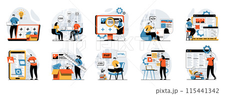 Web development concept with people scenes mega set in flat design. Bundle of character situations with wireframe site layout creation, engineering code and testing scripts. Vector illustrations. 115441342