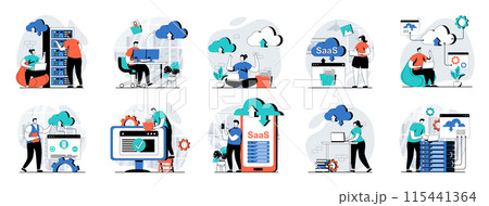 SaaS web concept with people scenes mega set in flat design. Bundle of character situations with cloud processing and programs using with subscription, software as a service. Vector illustrations. 115441364