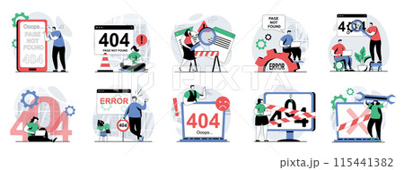 Page not found web concept with people scenes mega set in flat design. Bundle of character situations with 404 error on website, Internet disconnect, site connection maintenance. Vector illustrations. Page not found web concept with people scenes mega set in flat design. Bundle of character situations with 404 error on website, Internet disconnect, site connection maintenance. Vector illustrations. 115441382