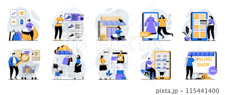 Mobile commerce web concept with people scenes mega set in flat design. Bundle of character situations with online shopping in app, making profitable purchases, paying online. Vector illustrations. Mobile commerce web concept with people scenes mega set in flat design. Bundle of character situations with online shopping in app, making profitable purchases, paying online. Vector illustrations. 115441400