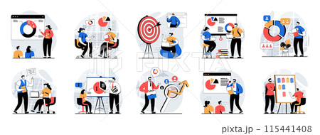 Focus group web concept with people scenes mega set in flat design. Bundle of character situations with marketing research, study customer behavior, doing communication strategy. Vector illustrations. 115441408
