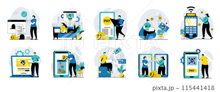 E-payment web concept with people scenes mega set in flat design. Bundle of character situations with payment online at store, clients paying with credit card using application. Vector illustrations. 115441418
