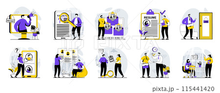 Employee hiring process web concept with people scenes mega set in flat design. Bundle of character situations with human resources, staff recruitment, finding candidates online. Vector illustrations. 115441420