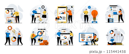 Data science web concept with people scenes mega set in flat design. Bundle of character situations with chart reports research, scientist monitoring and working with databases. Vector illustrations. 115441438