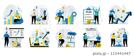 Business making web concept with people scenes mega set in flat design. Bundle of character situations with data marketing research, making plan presentation, strategy creating. Vector illustrations. Business making web concept with people scenes mega set in flat design. Bundle of character situations with data marketing research, making plan presentation, strategy creating. Vector illustrations. 115441447
