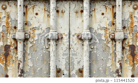 Textured background of a weathered metal door with symmetrical rusted hinges and peeling paint 115441520