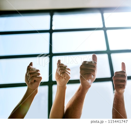 Hands, thumbs up and business people in office with support, feedback and service, review or thank you sign. About us, welcome or group with finger emoji for recruitment, offer or we are hiring news 115441747