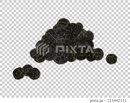 Black pepper peas. Aromatic seasoning. Pile of spices. Peppercorn heap. Watercolor illustration. Ingredient for decor, cooking recipe. Dried spice for medicine, food 115442131