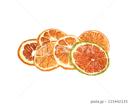 Dried Orange slices. Fruit citrus piece heap. Watercolor illustration. Mulled wine or alcohol free drinks. For package of cosmetic or food. Natural Christmas decoration. New Year concept 115442135