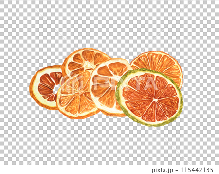 Dried Orange slices. Fruit citrus piece heap. Watercolor illustration. Mulled wine or alcohol free drinks. For package of cosmetic or food. Natural Christmas decoration. New Year concept Dried Orange slices. Fruit citrus piece heap. Watercolor illustration. Mulled wine or alcohol free drinks. For package of cosmetic or food. Natural Christmas decoration. New Year concept 115442135