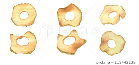 Slices of apple chips. Healthy vegan food. Set of dried natural organic sweeet snacks. Dry fruit crips. Ingredient for culinary, desserts. Watercolor illustration. Xmas, New Year drink decoration Slices of apple chips. Healthy vegan food. Set of dried natural organic sweeet snacks. Dry fruit crips. Ingredient for culinary, desserts. Watercolor illustration. Xmas, New Year drink decoration 115442138