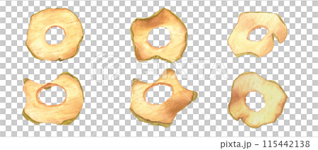 Slices of apple chips. Healthy vegan food. Set of dried natural organic sweeet snacks. Dry fruit crips. Ingredient for culinary, desserts. Watercolor illustration. Xmas, New Year drink decoration Slices of apple chips. Healthy vegan food. Set of dried natural organic sweeet snacks. Dry fruit crips. Ingredient for culinary, desserts. Watercolor illustration. Xmas, New Year drink decoration 115442138