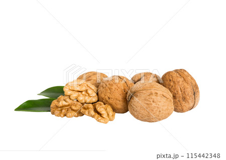 Roasted Walnut isolated on white background. Walnut is snack or raw of cook. Healthy food concept 115442348