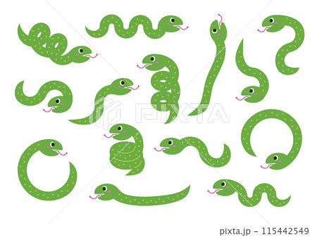 かわいい緑色の蛇のイラストセット 115442549