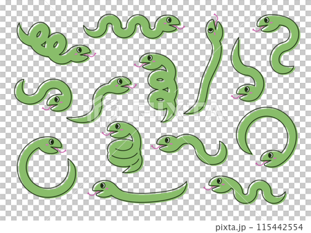かわいい緑色の蛇のイラストセット(黒フチ) かわいい緑色の蛇のイラストセット(黒フチ) 115442554