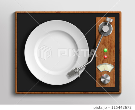 Empty food plate on record player Empty food plate on record player 115442672