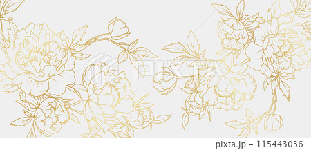 Luxury gold peony flowers background. Floral pattern tropical in line art style for greeting, invitation, wedding card, wall art, wallpaper and print. Vector illustration 115443036