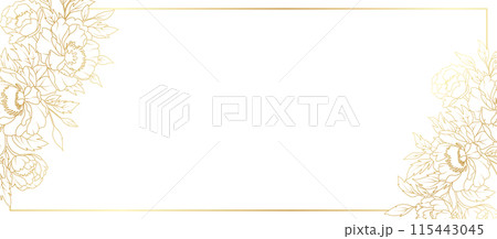 Peony flowers border gold frame. Luxury golden floral template, peonies vector gold line on white background, vector illustration 115443045