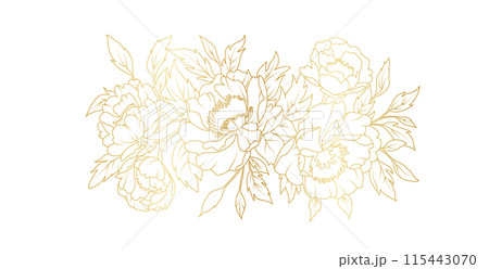Golden peony flowers line art isolated on white background. Luxury floral design elements for invitation, wedding, wallpaper, print template, vector illustration 115443070