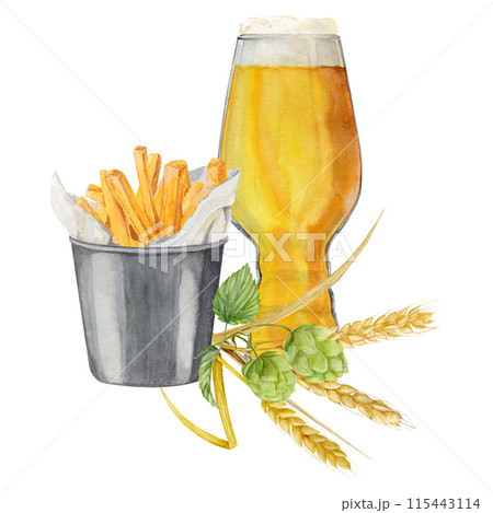 Composition with shaped glass of beer, snack bucket of French Fries and malt and hop 115443114