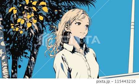 白色のシャツを着て、風になびく長い髪が美しい若い女性