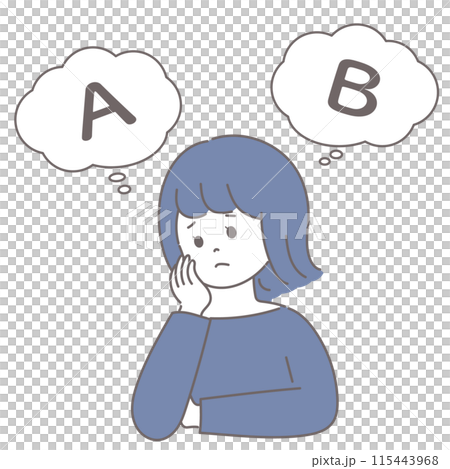 Illustration of a young woman struggling to choose between A and B Illustration of a young woman struggling to choose between A and B 115443968