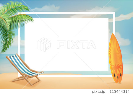 summer poster with sea beach and sunny sky vector illustration 115444314