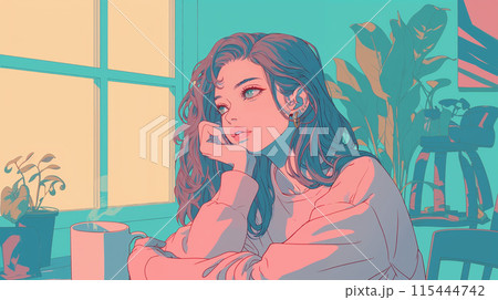 窓際でコーヒーカップを持って遠くを見る女性 115444742