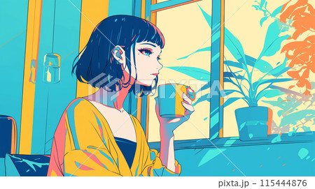 カフェの窓際でコーヒーを飲みながら外を眺める女性のイラスト素材