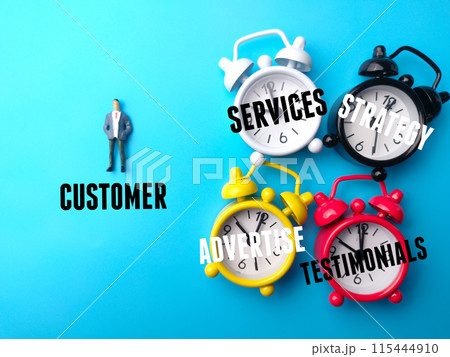 Miniature people and colored clock with text about customer concpet on a blue background. 115444910