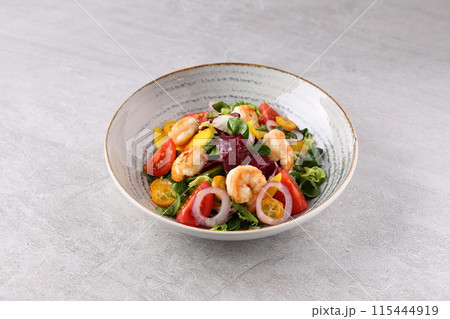 Shrimp, Avocado, Tomato Salad. Grilled View from above, top studio shot Shrimp, Avocado, Tomato Salad. Grilled View from above, top studio shot 115444919