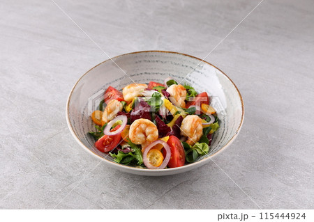 Shrimp, Avocado, Tomato Salad. Grilled View from above, top studio shot Shrimp, Avocado, Tomato Salad. Grilled View from above, top studio shot 115444924
