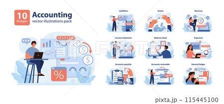 Accounting set. Professionals navigating finance realms. Liabilities, assets, and revenue insights. Balance sheet, expenses, and general ledger explorations. Flat vector illustration. 115445100